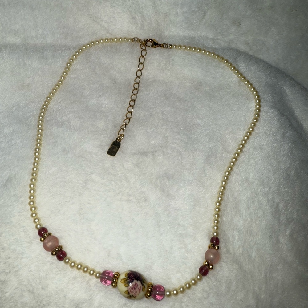 1928 Faux Pearl Pink Beads Purple Stones Vintage Necklace